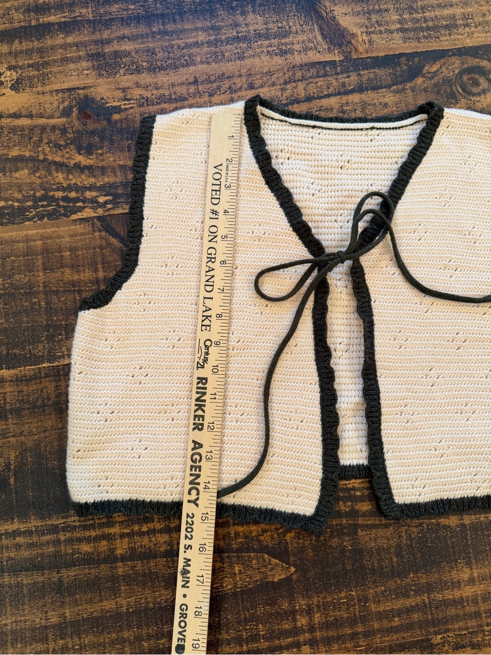 Women's Cream Crochet Tie-Front Sweater Vest with Black Trim - Picture 5 of 6
